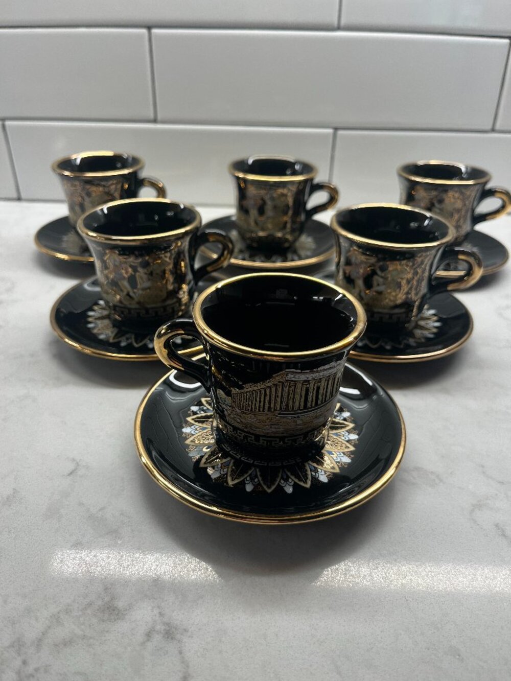 Set of Six Vintage Greek Demitasse Black Espresso Cups & Saucers